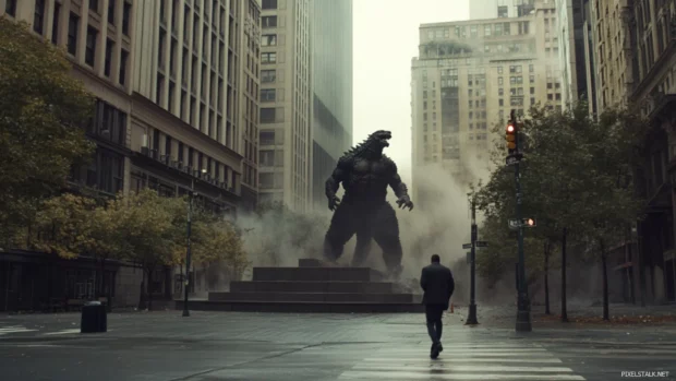 Mid step as Godzilla crushes a monument plaza in slow motion.
