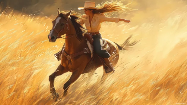 Mid stride cowgirl galloping through tall summer grass.