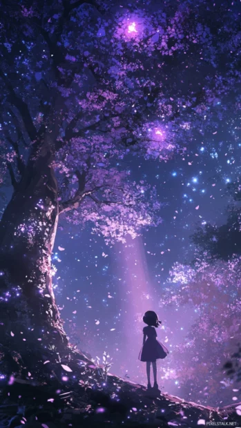Midnight blossoms blooming under purple galaxies.