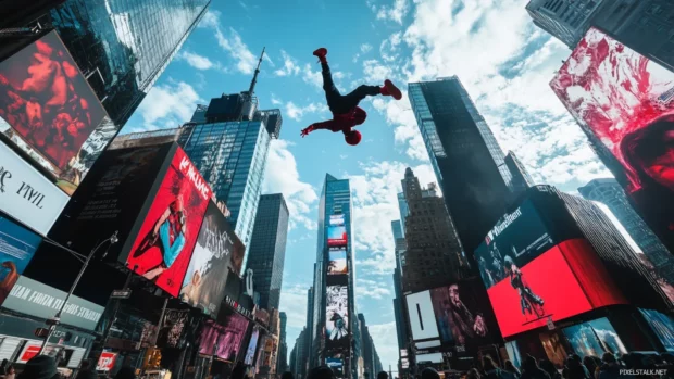 Miles Morales doing a flip between billboards in Times Square.