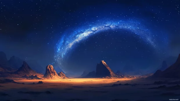 Milky Way arching over a desert at night.