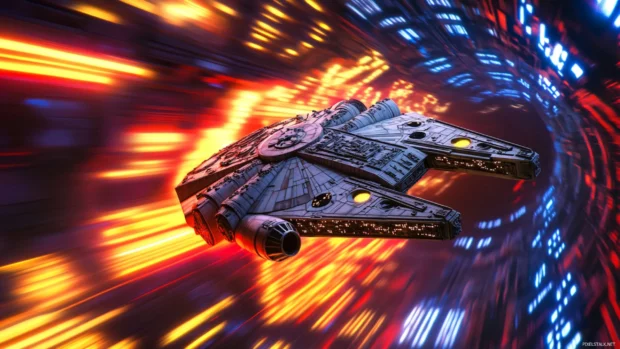 Millennium Falcon flying through a hyperjump tunnel with vivid light effects, a top choice for Star Wars wallpapers for PC.