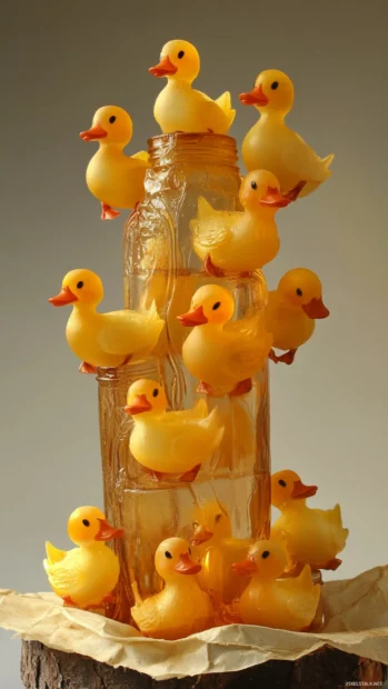 Mini ducks inside jelly jars forming vertical columns over parchment like base.
