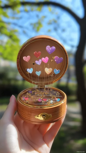 Mini music box opening with floating hearts.
