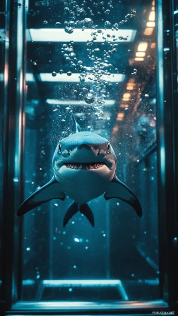 Mini shark waving hello from bubble elevator.