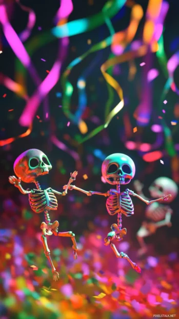 Mini skull characters dancing under colorful streamers.