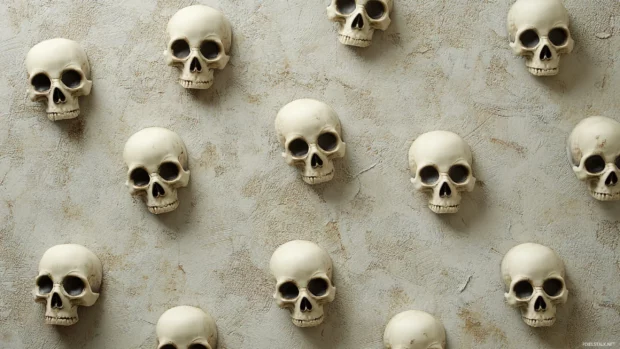 Mini skulls in diagonal row across paper textured background.