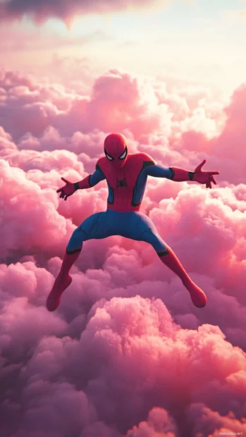 Miniature Spiderman bouncing across pink clouds during dream sequence.