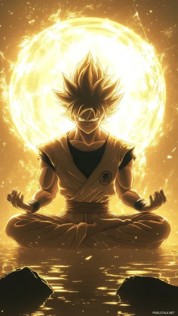 Minimal Son Goku Phone Wallpapers showing him meditating calmly in a golden aura.