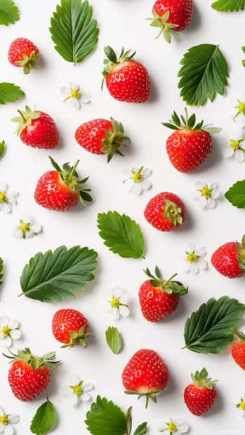 Minimal flat lay of strawberries, leaves, and flowers on a bright white backdrop.