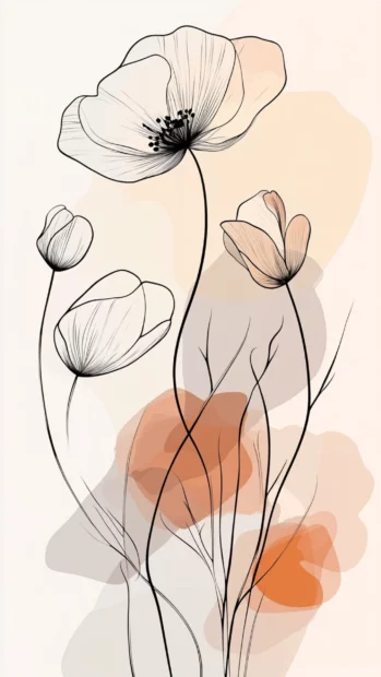 Minimal line art flowers drawn over muted backgrounds.