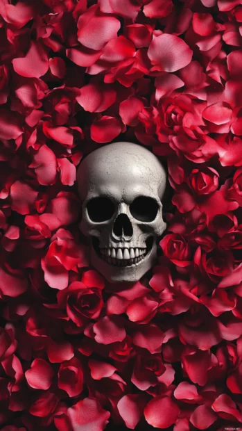 Minimal skull avatar framed in rose petal wreath repeated down the screen.