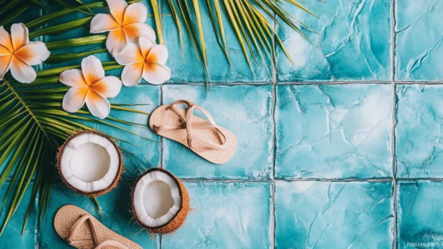 Minimal summer aesthetic tiles with coconut drinks, flip flops, and tropical flowers, summer beach vibe.