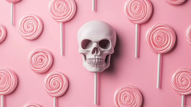 Minimal vector skull repeated beside lollipop icons on matte pink.