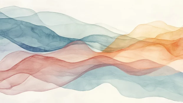 Minimal watercolor artwork for Macbook depicting abstract flowing waves in muted colors.