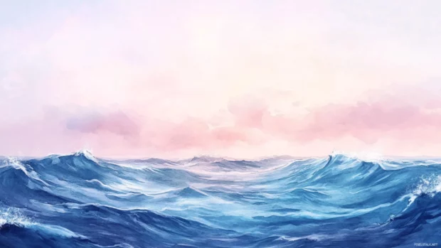 Minimal waves painted under a soft morning sky, minimalist watercolor ocean wallpaper.