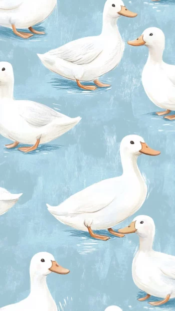 Minimal white ducks drawn in pencil style with soft blue background tiles.