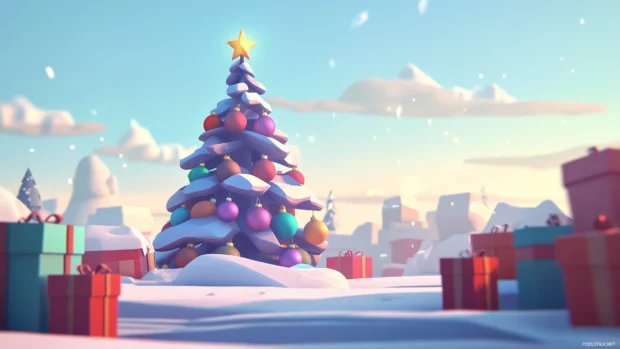 Minimalist Christmas tree, colorful ornaments, star, wrapped presents in snowy landscape.