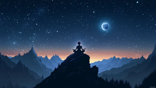 Minimalist Cool Goku wallpaper with Goku meditating on a mountaintop under the stars.