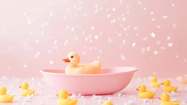 Minimalist Cute Duck Wallpapers where a duck floats in a pastel pink bathtub surrounded by rubber duckies.