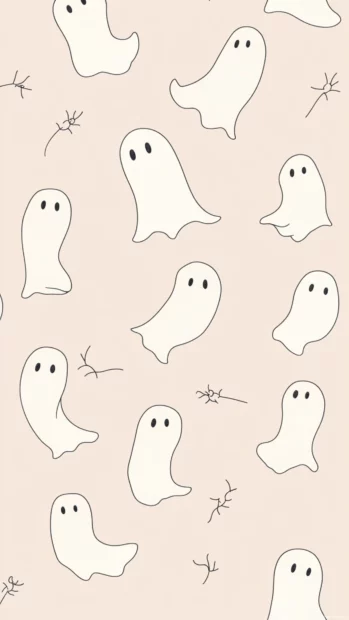 Minimalist Cute Ghost Wallpapers with soft outlines of tiny ghosts floating over beige background.