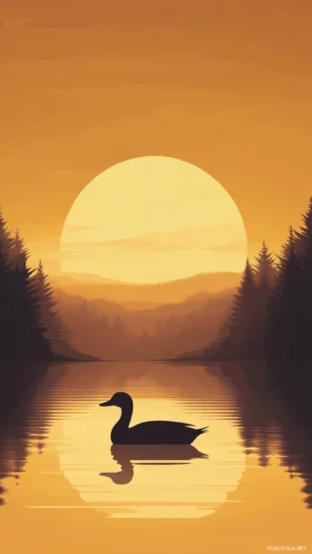 Minimalist Duck wallpaper showing a silhouette of a duck in golden hour by the lake.