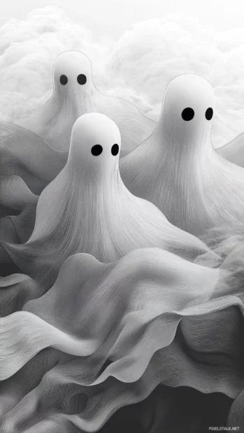 Minimalist Ghost iPhone Wallpapers showing line art ghosts drifting through a foggy abstract pattern.