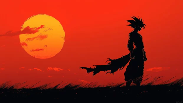 Minimalist Goku Wallpapers with Goku in silhouette form, cloak blowing in the wind against a red sunset.