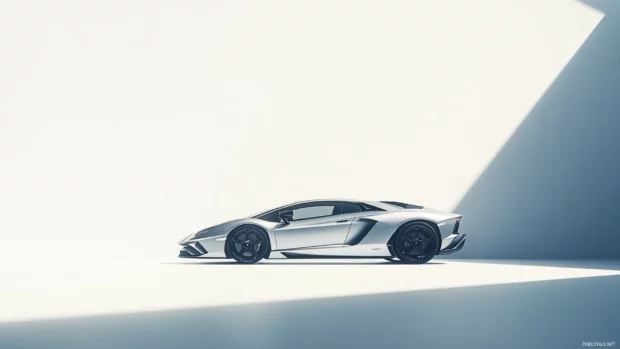 Minimalist Lamborghini Aventador wallpaper on a white studio background with soft shadows.