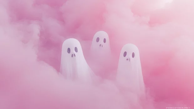 Minimalist Pink Ghost Wallpapers showing white ghosts floating through misty pink fog.