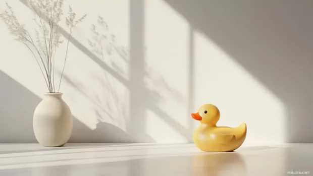 Minimalist Rubber Duck wallpaper with a single duck on a white background and soft shadows.