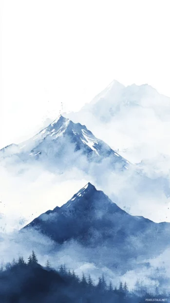 Minimalist Watercolor Wallpaper For Android Showing Distant Snowy Peaks.