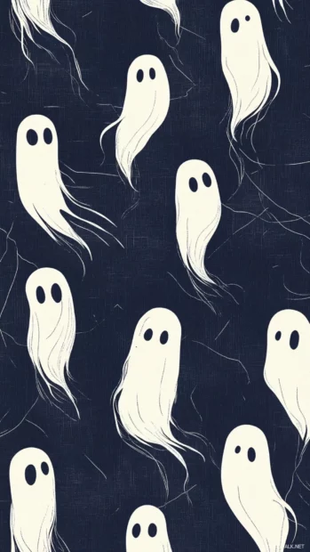 Minimalist aesthetic ghosts outlined in white over deep navy soft grain background.