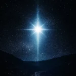Minimalist and peaceful night sky with a single bright white star shining in the vast darkness of space, surrounded by a subtle aura of light.