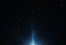 Minimalist and peaceful night sky with a single bright white star shining in the vast darkness of space, surrounded by a subtle aura of light.