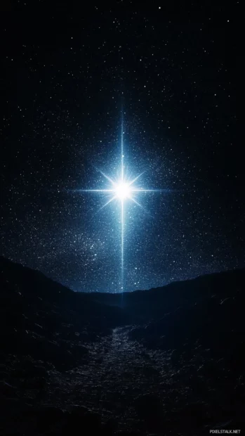 Minimalist and peaceful night sky with a single bright white star shining in the vast darkness of space, surrounded by a subtle aura of light.