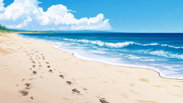 Minimalist anime beach with footprints in sand, designed for Anime Wallpapers 4K resolution.