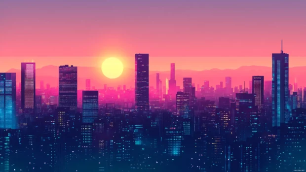 Minimalist anime cityscape at dusk, soft colors and 4K resolution, ideal for Anime Wallpapers 4K PC.