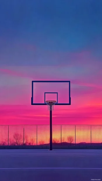Minimalist basketball backboard under ambient sky colors.