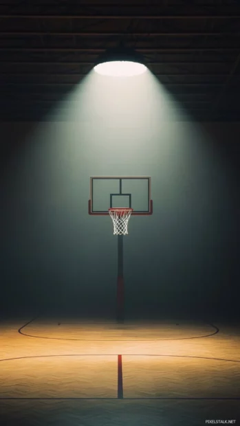 Minimalist basketball court with a single hoop under the spotlight, for simple basketball wallpapers.