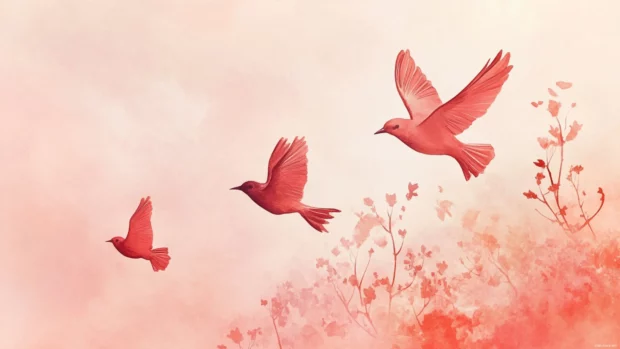 Minimalist birds flying in soft coral background.