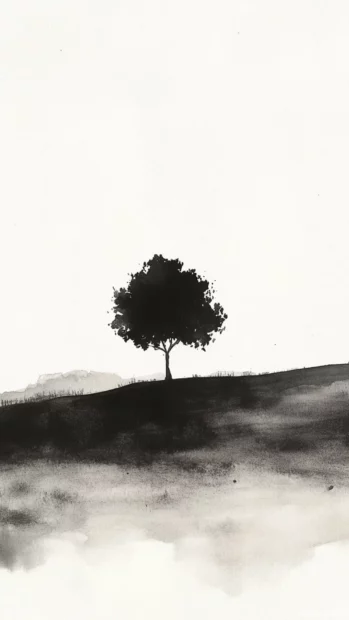 Minimalist black and white watercolor depiction of a lone tree in a field.