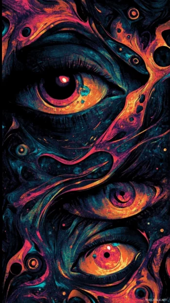 Minimalist black backdrop with melting eyes and swirling dimension gates, top in dark trippy wallpaper searches.