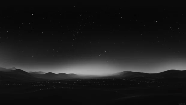 Minimalist black starry wallpaper featuring stars hovering in a misty nightscape.