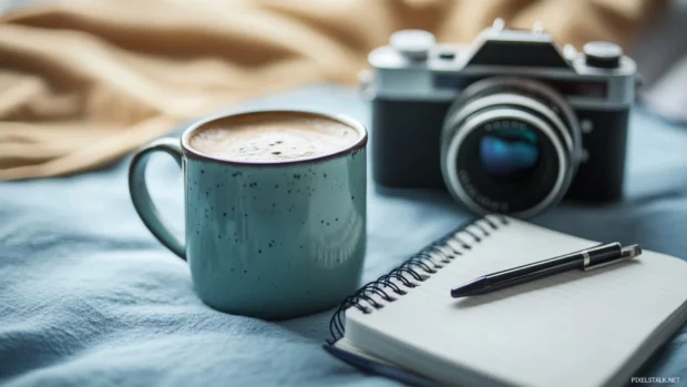 Minimalist coffee setup with ceramic mug, notebook and vintage camera.