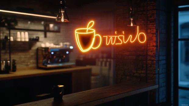 Minimalist coffee shop neon sign floating in dark featured in Minimalist neon sign art.