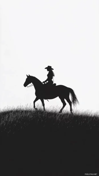 Minimalist cowgirl wallpaper for iPhone with silhouette on horseback.
