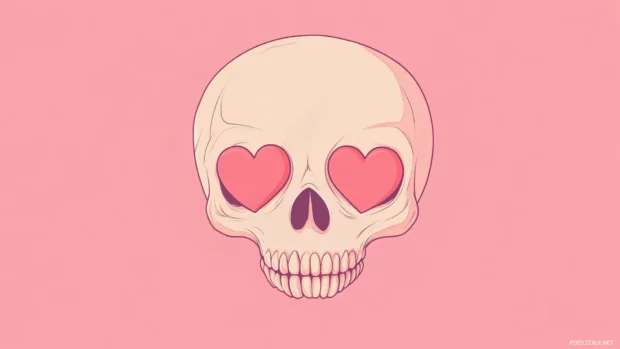 Minimalist cute skull wallpaper featuring heart shaped eyes and soft pink background.