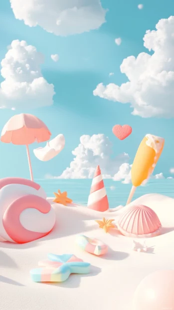 Minimalist cute summer scenes layered with aesthetic pastel colors and tiny charming summer symbols.