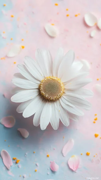 Minimalist daisy iPhone lock screen wallpaper featuring white petals on a pastel background.